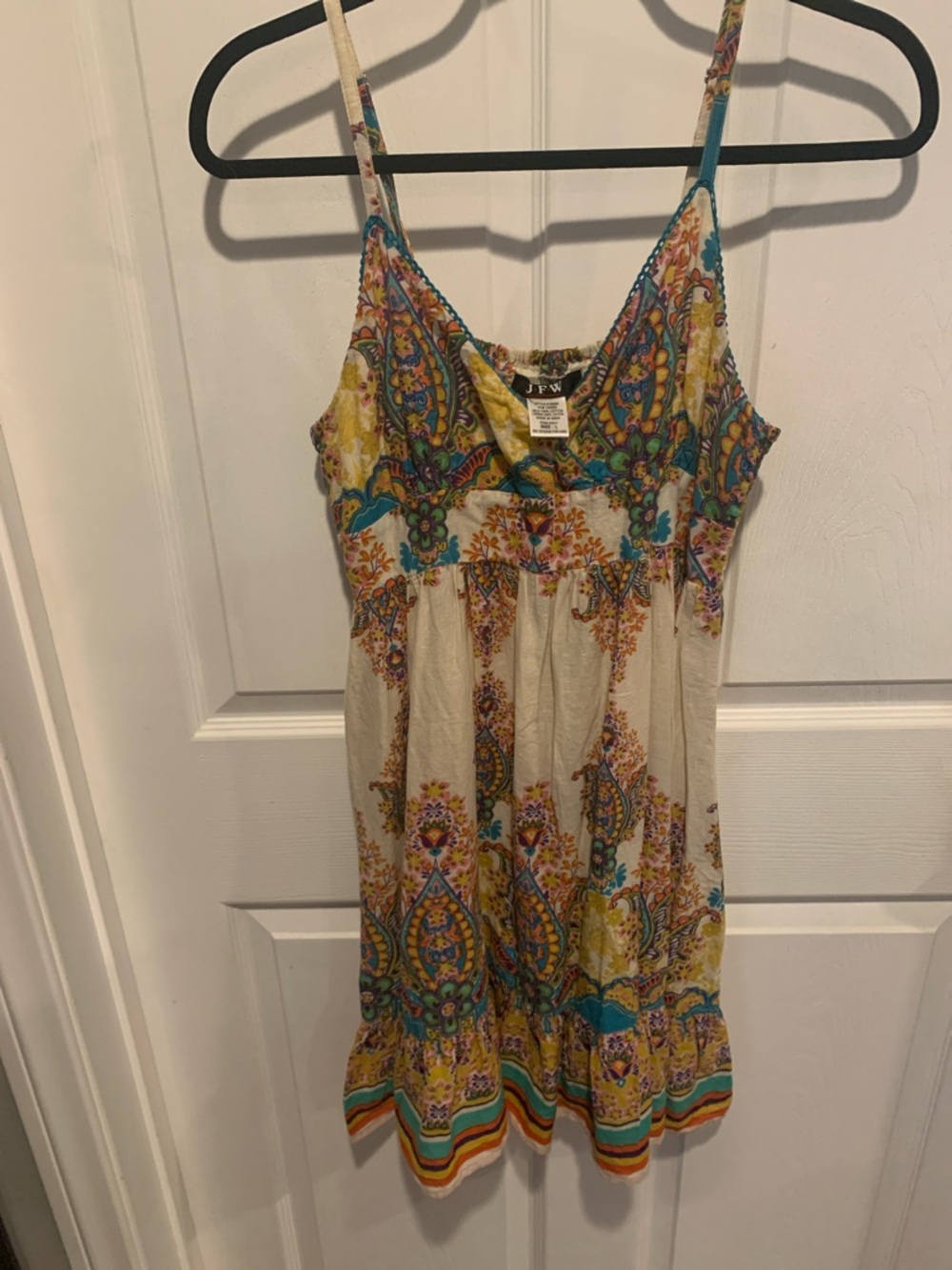Cream Paisley-Print Mini Dress with Teal & Orange Accents